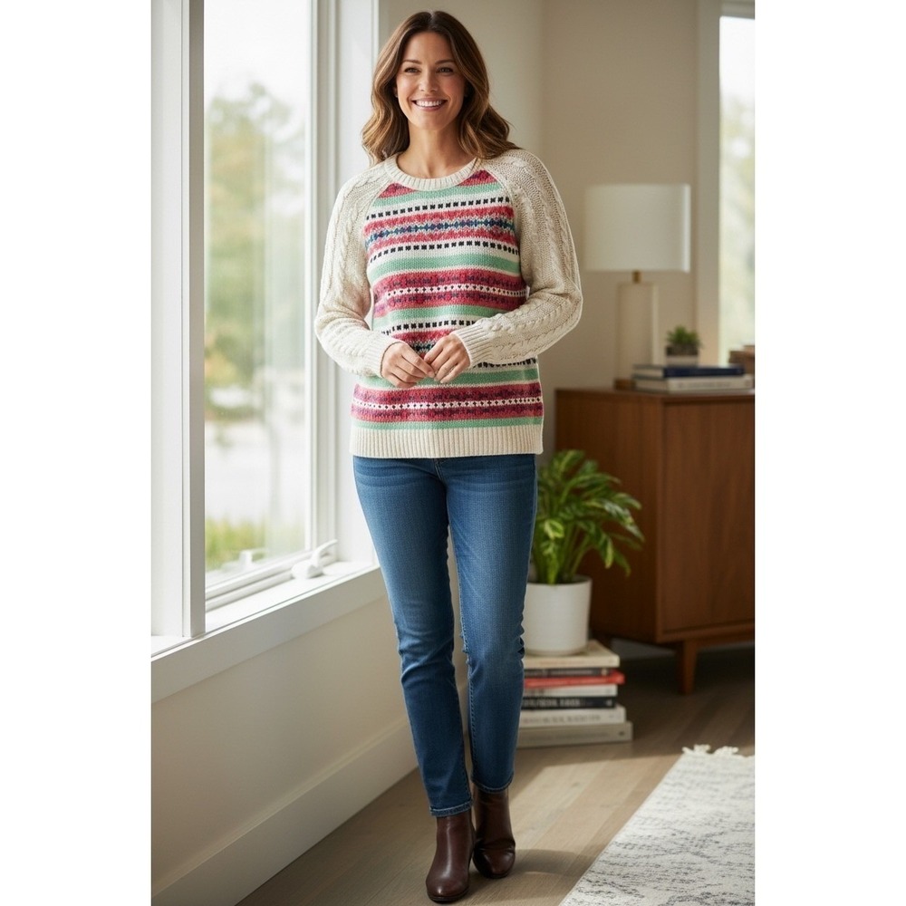 Talbots Sweater Womens Cable Knit Fair Isle Crew Neck Wool Blend Long Sleeve XL